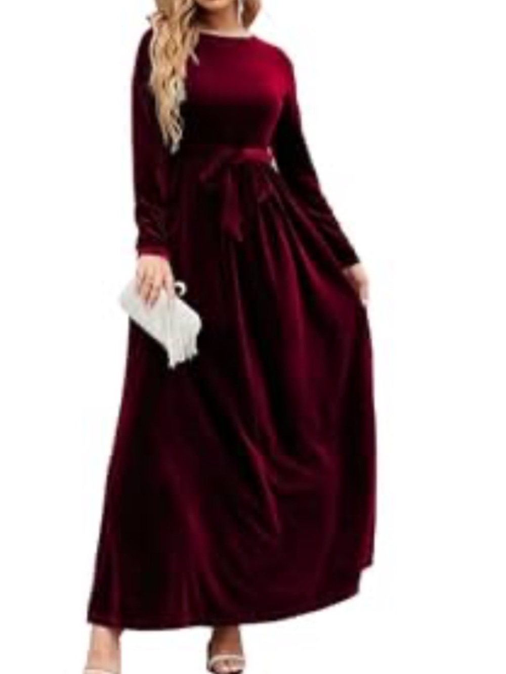 Velvet Belted Long Sleeve Cocktail Dress A Line Maxi Burgundy Size Large